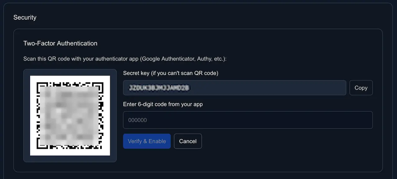 Two‑Factor Authentication dialog showing a QR code, Secret key field, 6‑digit code input, and a Verify & Enable button.