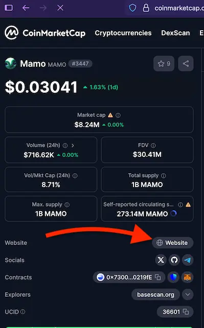 Highlights the step where you click the ‘Website’ link on the Mamo token’s CMC profile, leading you to the project’s homepage for gathering more contact information. CoinMarketCap token page for Mamo with arrow pointing to the ‘Website’ button.