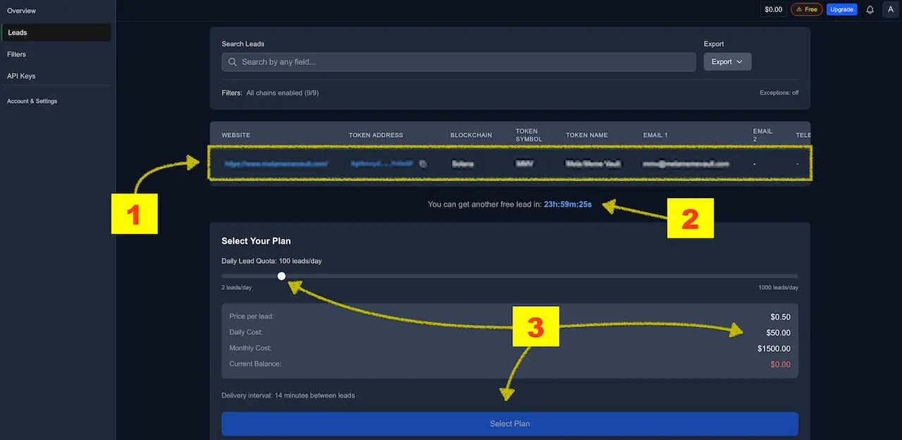 Free plan: 24‑hour cooldown timer message and the Daily Lead Quota slider (plan selector).
