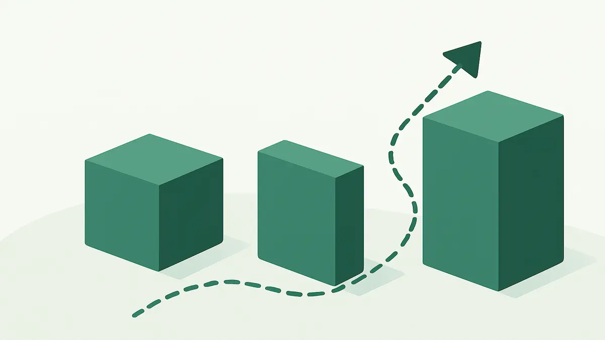 Abstract illustration showing a small, agile digital arrow navigating around large blocks, representing smart strategy against large competitors.