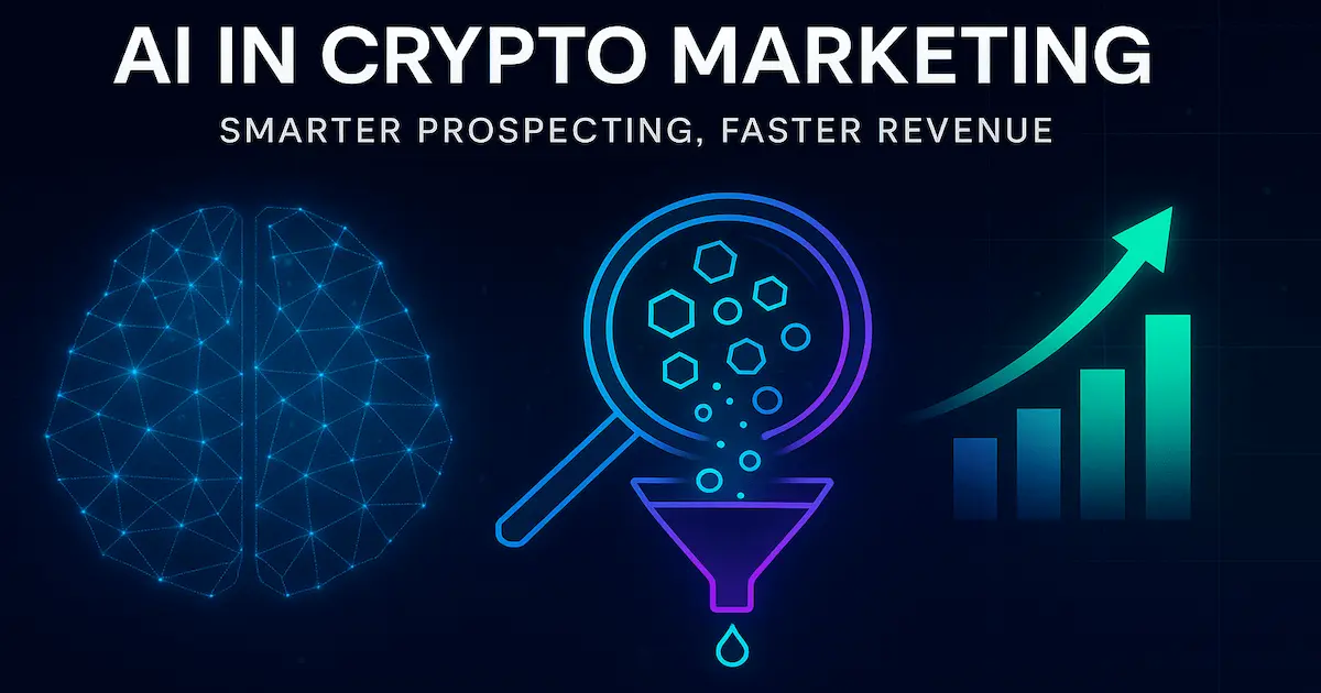 AI neural network scans crypto signals and token-like nodes into a sales funnel that outputs an upward revenue graph.