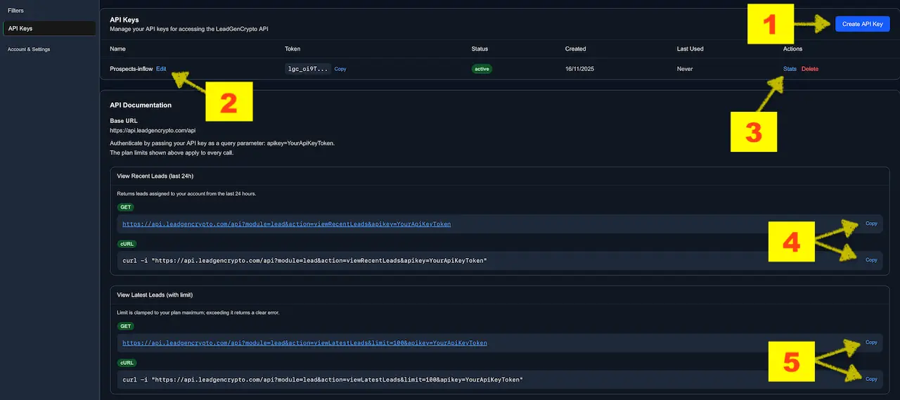 API Keys list showing one active key with options to view stats or delete.