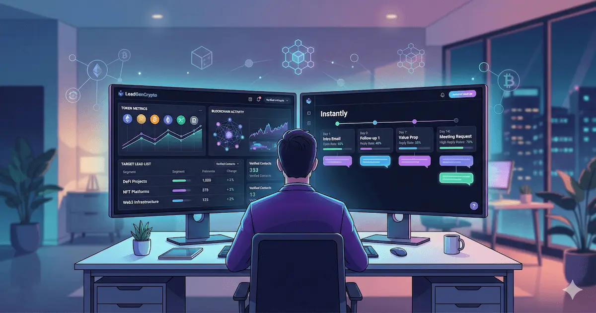 Marketer viewing a crypto lead generation dashboard and automated email campaign to illustrate automating B2B sales to crypto projects.