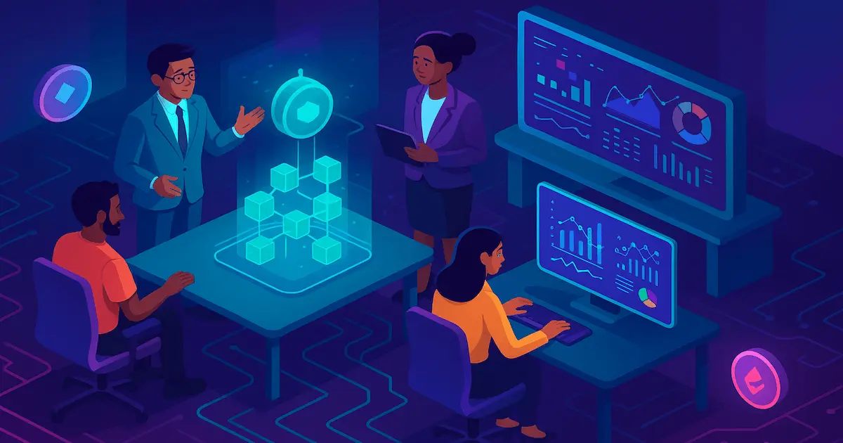 Team using AI dashboards to design blockchain services in a modern crypto workspace