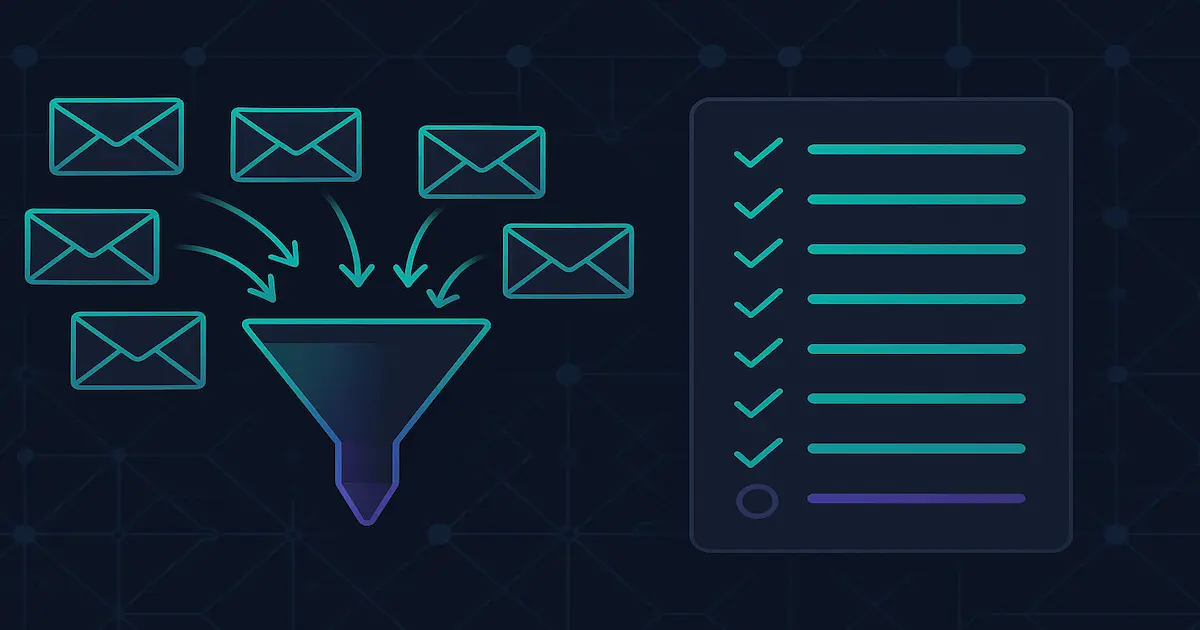 Crypto B2B cold email audit illustration: envelopes flow into a funnel beside a 10‑point checklist, with deliverability shields and a subtle blockchain grid.
