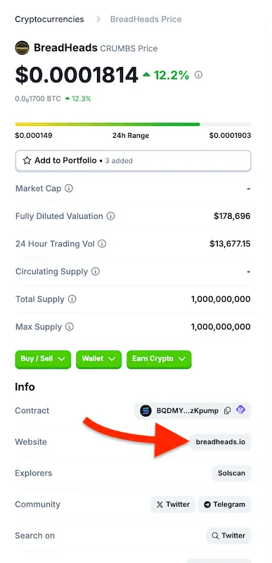 Coingecko token page for Mamo with arrow pointing to the ‘Website’ button.