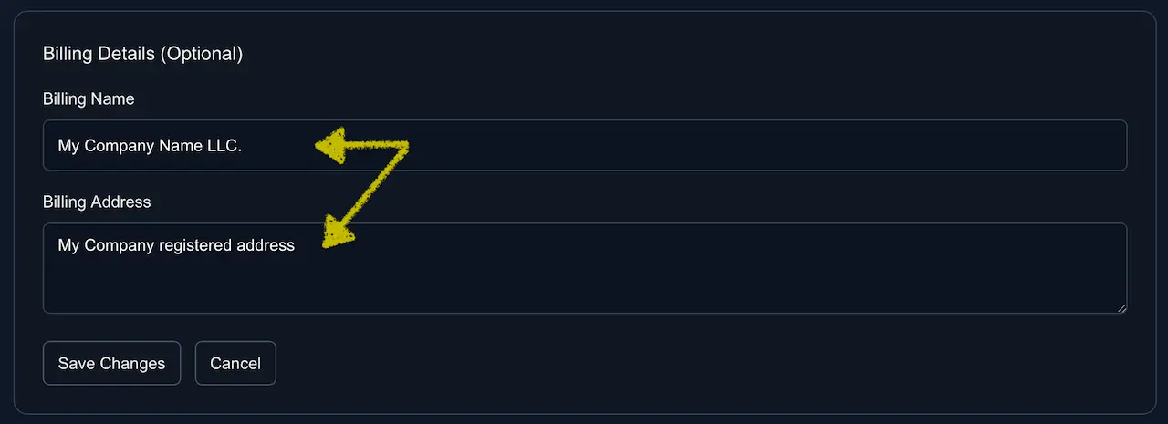 Billing Details window with Billing Name and Billing Address fields and a Save Changes button.