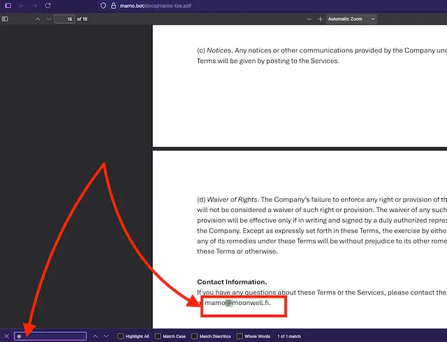 Demonstrates using a PDF viewer’s search function (Ctrl+F) to quickly locate the project’s official email address in the Terms of Service document. Terms of Service PDF with highlighted email address for Mamo.