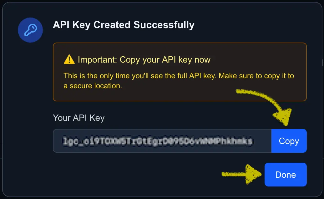 API Key Created Successfully dialog showing the generated token with Copy and Done buttons.