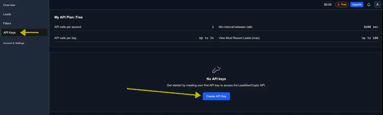 Empty API Keys page with a highlighted Create API Key button.