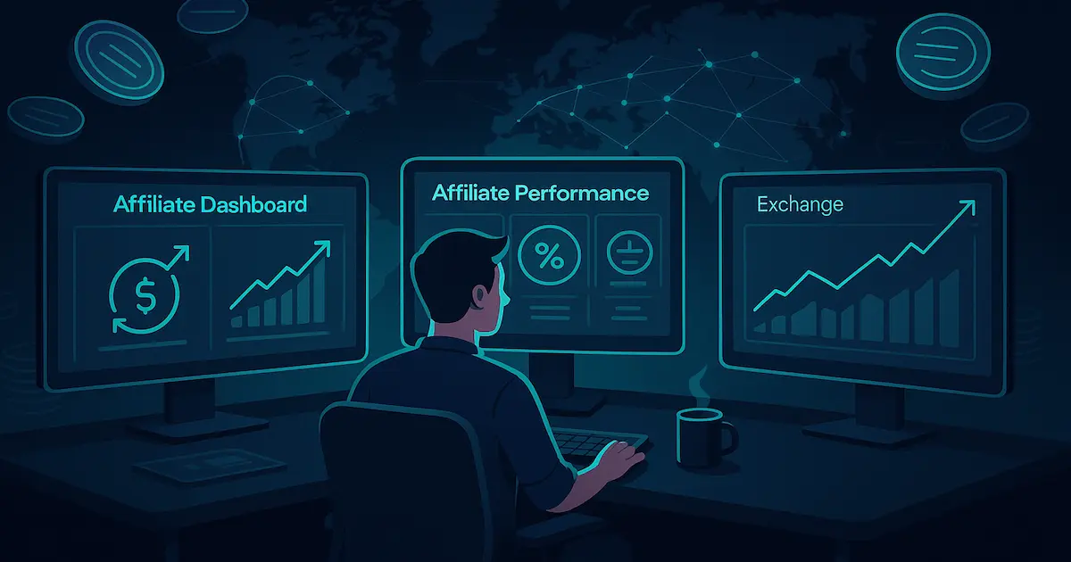 Experienced crypto content creator reviewing affiliate dashboards with recurring‑revenue charts, coins, and a global network map.