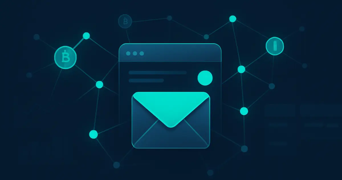 Illustration of a centered email envelope with blockchain network nodes and analytics, representing crypto cold email outreach best practices.