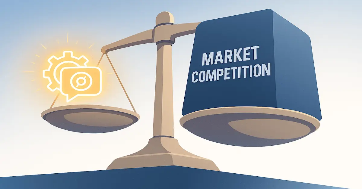 Illustration of a balanced scale comparing a small, glowing crypto service provider icon against a large block representing market competition.