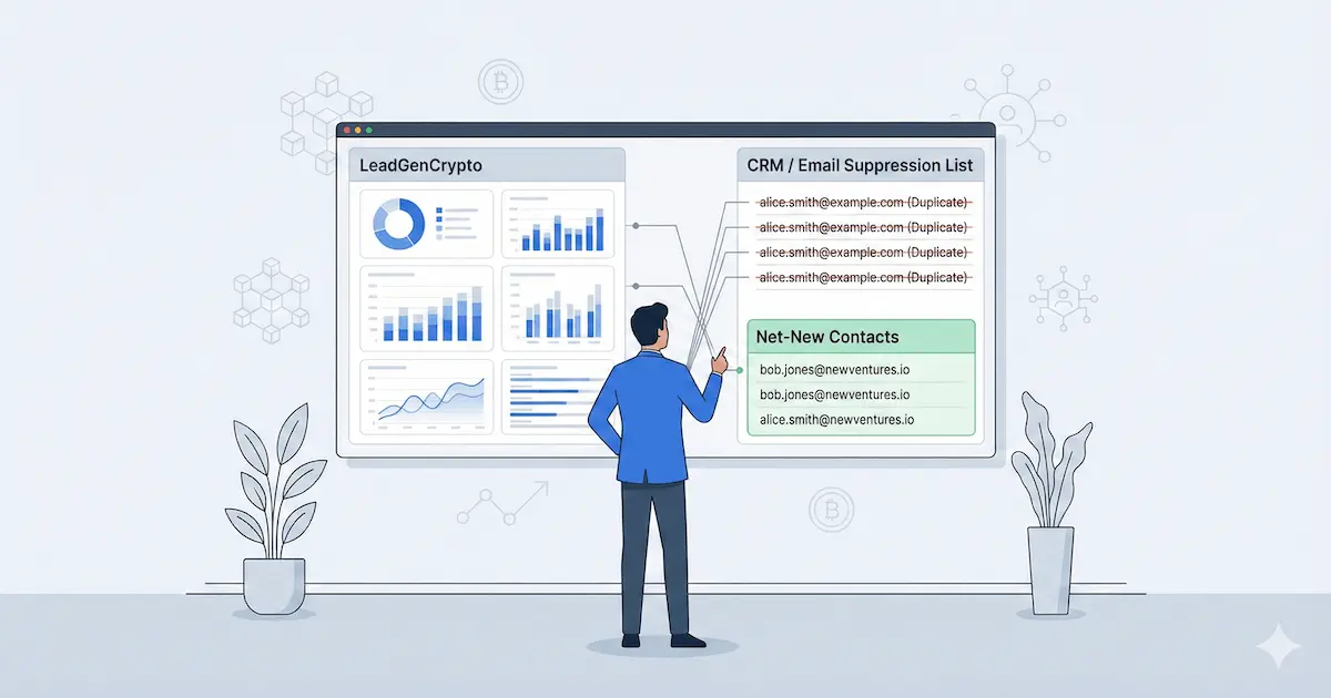 LeadGenCrypto dashboard connected to a crypto email suppression list, filtering out duplicate contacts.