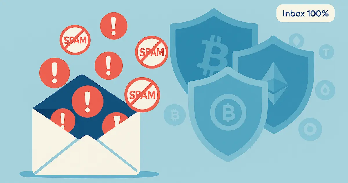 Email Spam Words – Ultimate Guide to Spam Trigger Words in Crypto Outreach. Email spam words visualized: red spam icons filtered by digital shields in a crypto outreach email illustration.