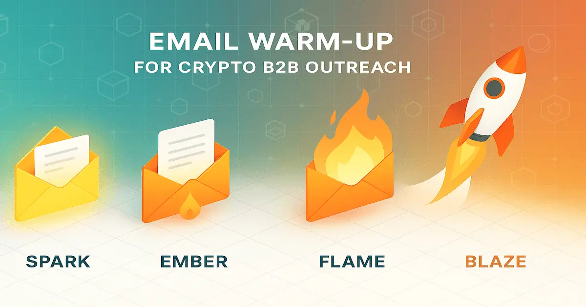 A stylized timeline graphic showing the four phases of email warm‑up—Spark, Ember, Flame, and Blaze—with daily send volumes rising smoothly from 2 to 75 emails over 28 days, illustrating how gradual increases and high engagement build sender reputation.