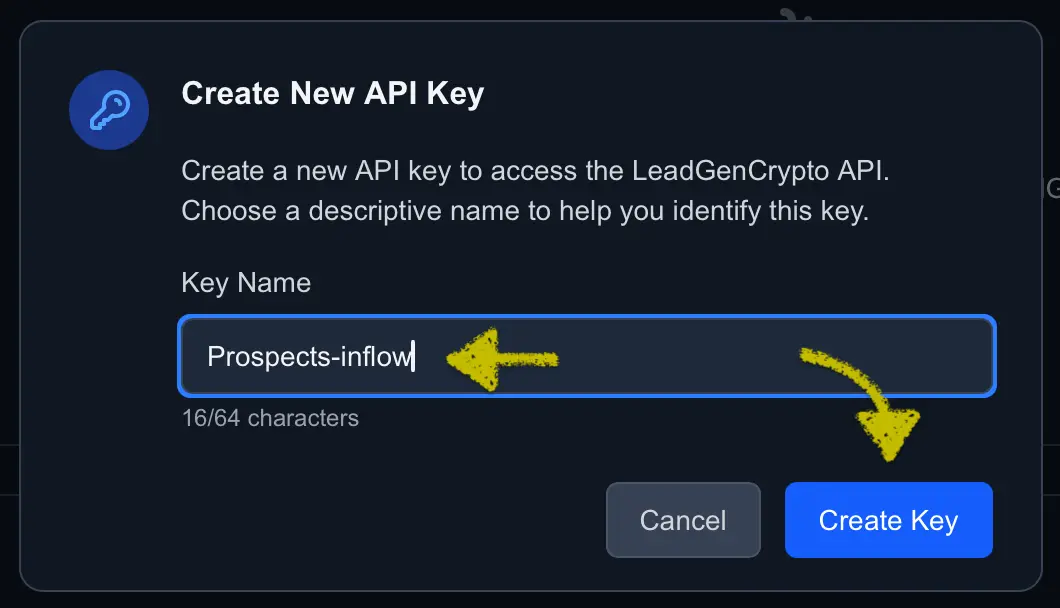 Create New API Key dialog with a Key Name field filled with 'Prospects-inflow'.
