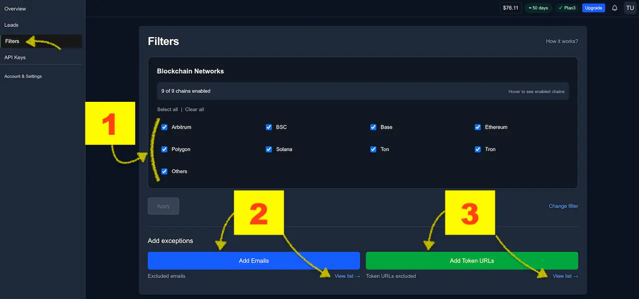 Filters page: Blockchain Networks grid with curated chains (Arbitrum, Polygon, Base, Ethereum, BSC, Solana, Tron, TON, Others) and the Add Emails / Add Token URLs exception buttons.