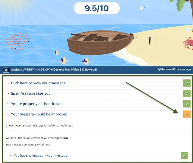 Step 3: Examine Mail‑Tester diagnostics and address highlighted improvements Mail‑Tester report showing a 9.5 / 10 score with checklist items; arrow highlights “Your message could be improved” for further fixes.