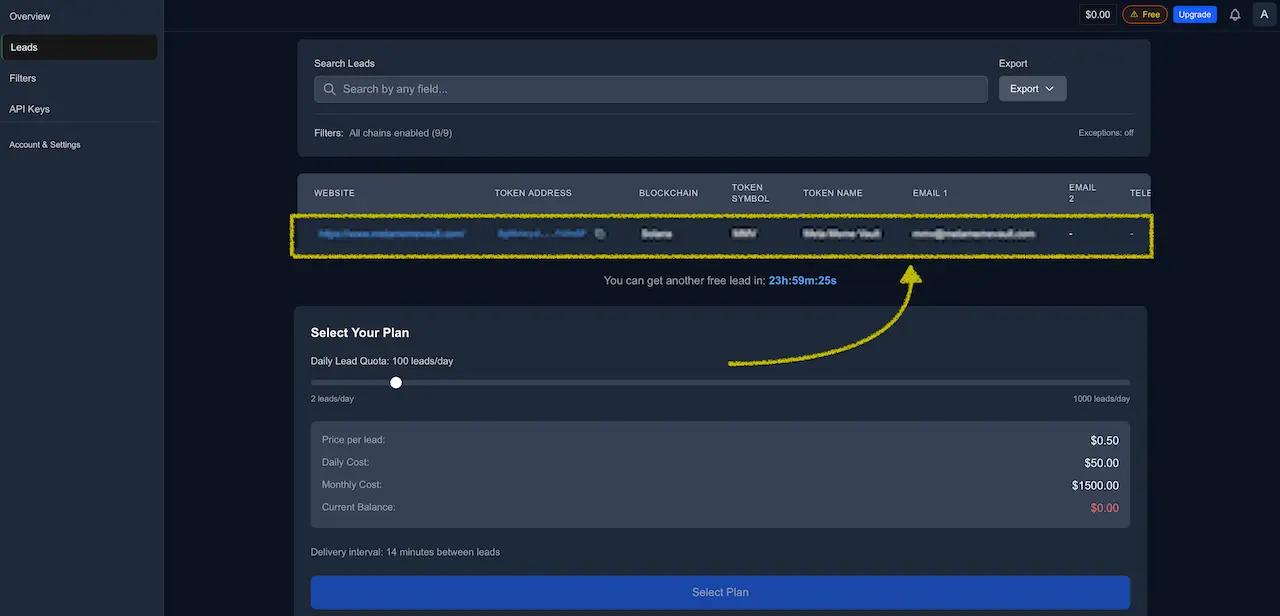 Leads table with the delivered free lead row highlighted.