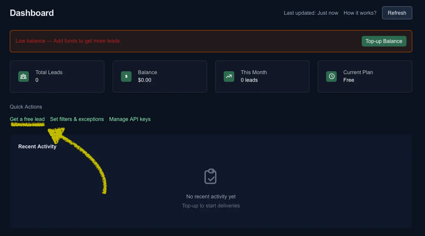 Dashboard quick action “Get a free lead” highlighted with an arrow.