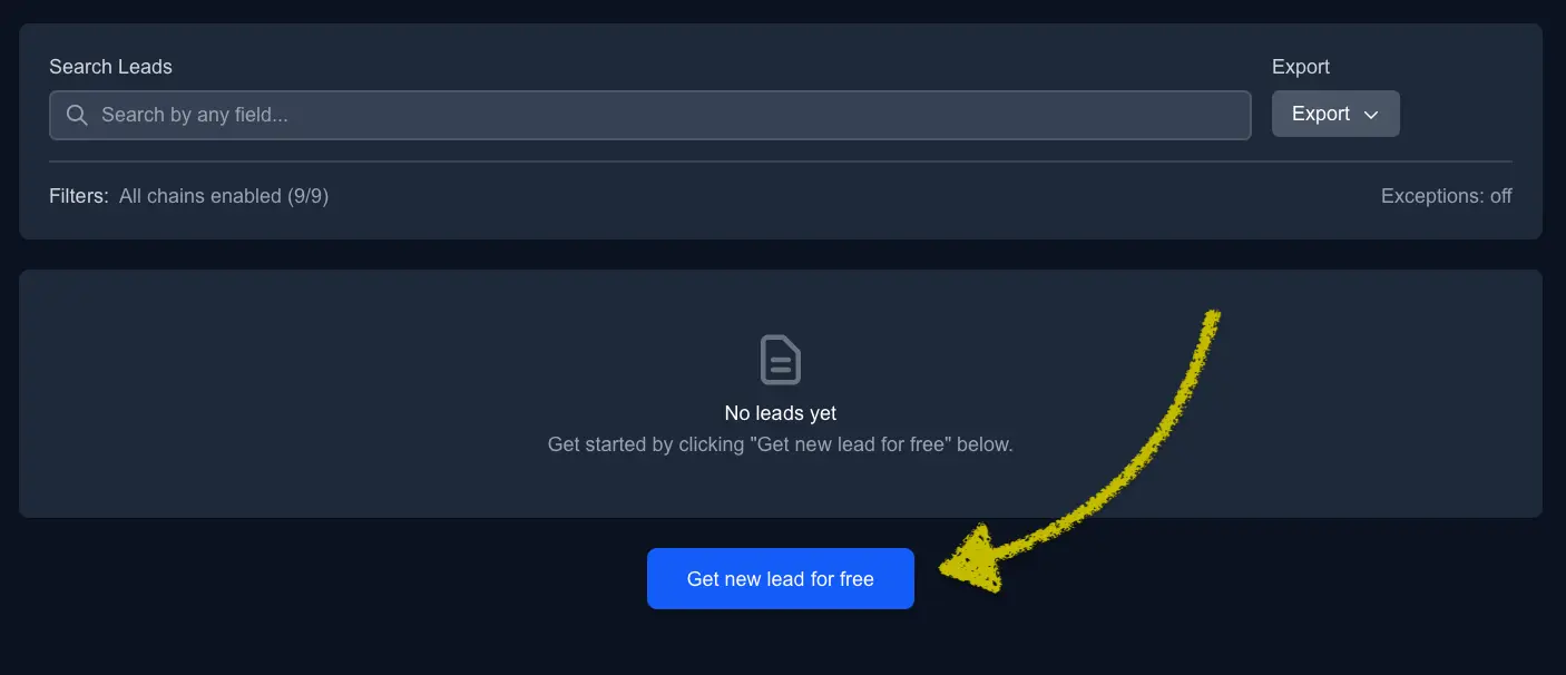 Leads page with the “Get new lead for free” button emphasized.