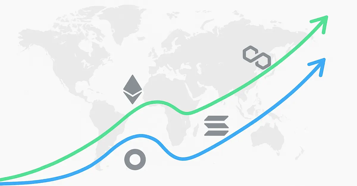 Global Growth in New Crypto Projects World map with rising trend lines and blockchain icons symbolising growth in the number of crypto projects.