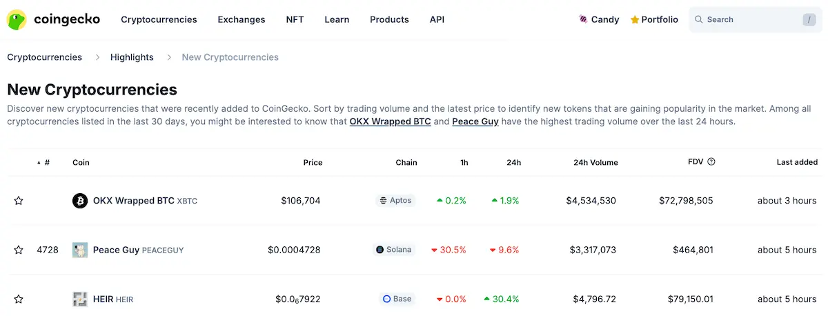 Illustration of a New Cryptocurrencies' list on CoinGecko