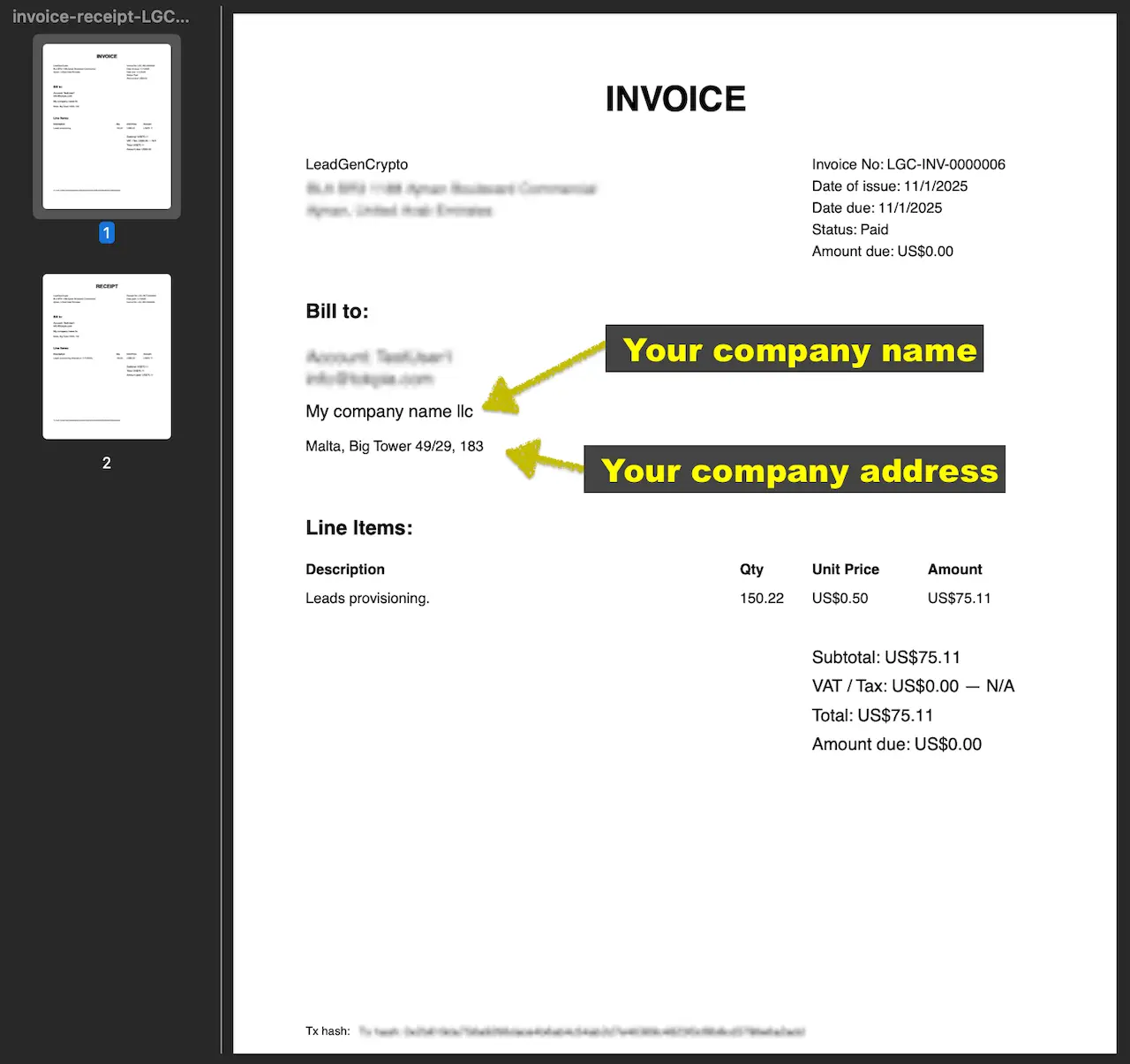 Invoice page with the Bill to section, line items, and totals; company name and address are highlighted.