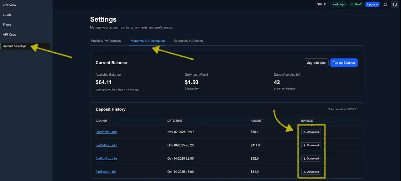 Payments & Subscription page showing Deposit History with a Download button in the Invoice column.