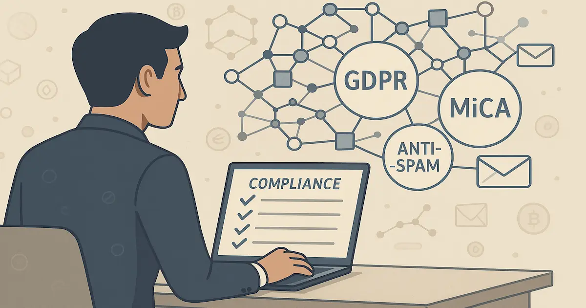 Crypto marketer reviewing GDPR, MiCA and anti‑spam compliance checklist for B2B email outreach on a laptop surrounded by blockchain and email icons.