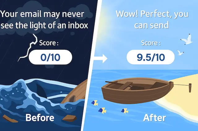 Before‑and‑after email deliverability—boosting a 0/10 spam score to 9.5/10 with Mail‑Tester Split illustration comparing deliverability scores: stormy sea with “0/10” on the left versus calm beach with “9.5/10” on the right, symbolizing improvement after using Mail‑Tester.