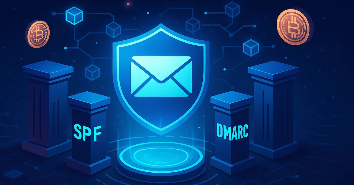 The Three Pillars of Secure Crypto Email Deliverability Illustration of three pillars labeled SPF, DKIM, and DMARC standing guard over a secure digital envelope, symbolizing trusted email deliverability in the crypto sector.