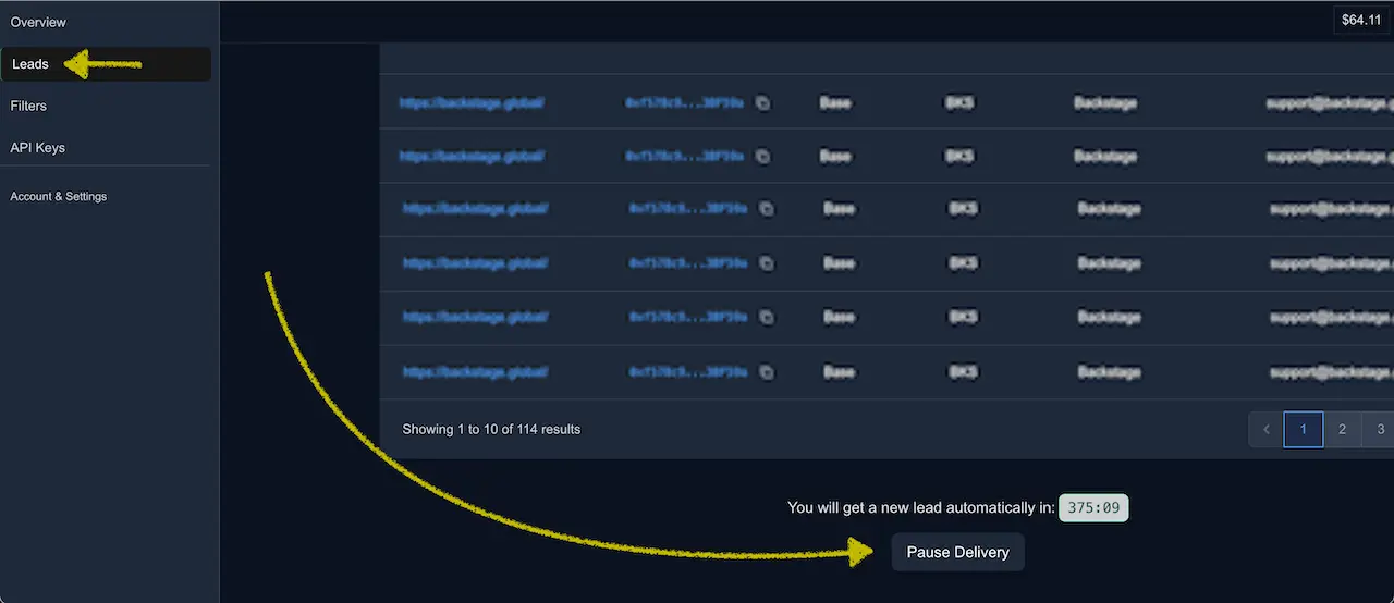 Leads page footer with the Pause Delivery button and a timer indicating when the next lead will arrive.