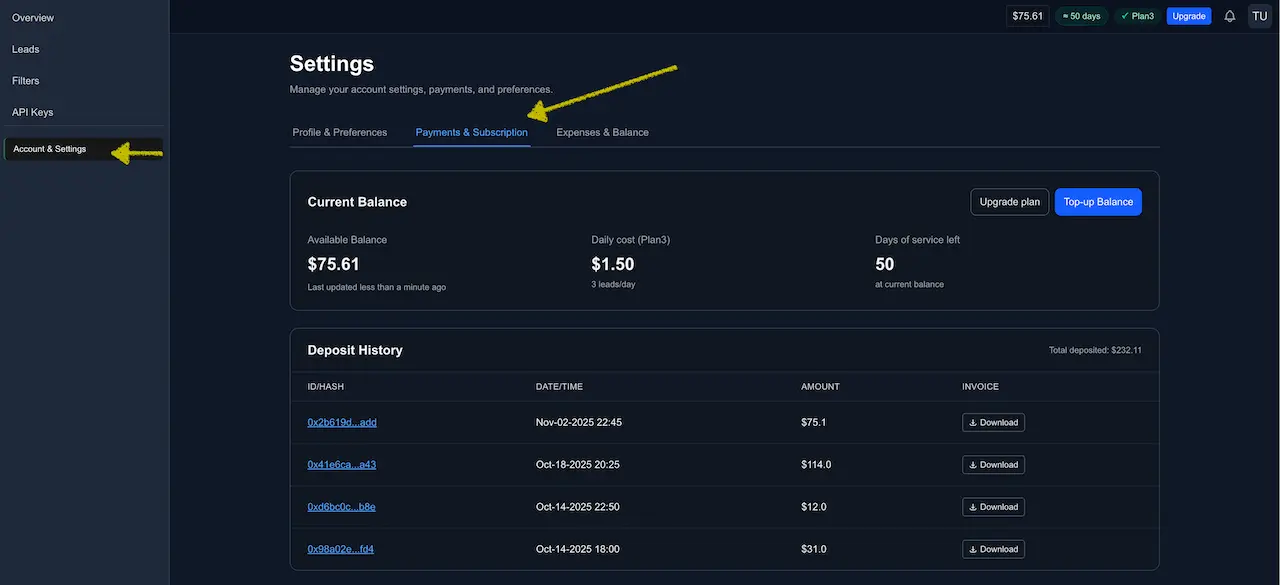 Settings — Payments & Subscription tab showing Current Balance, Upgrade plan and Top‑up buttons, and the Deposit History table.