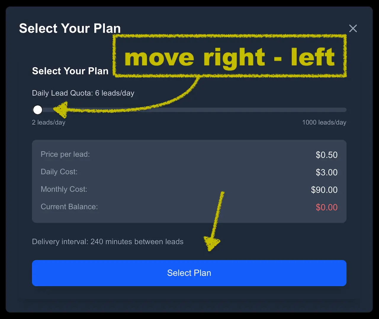 Plan selector modal showing the Daily Lead Quota slider and the Select Plan button.