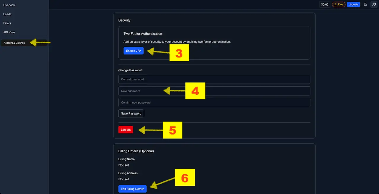 Settings — Security panel with the Enable 2FA button, Change Password fields, red Log out button, and Edit Billing Details button.