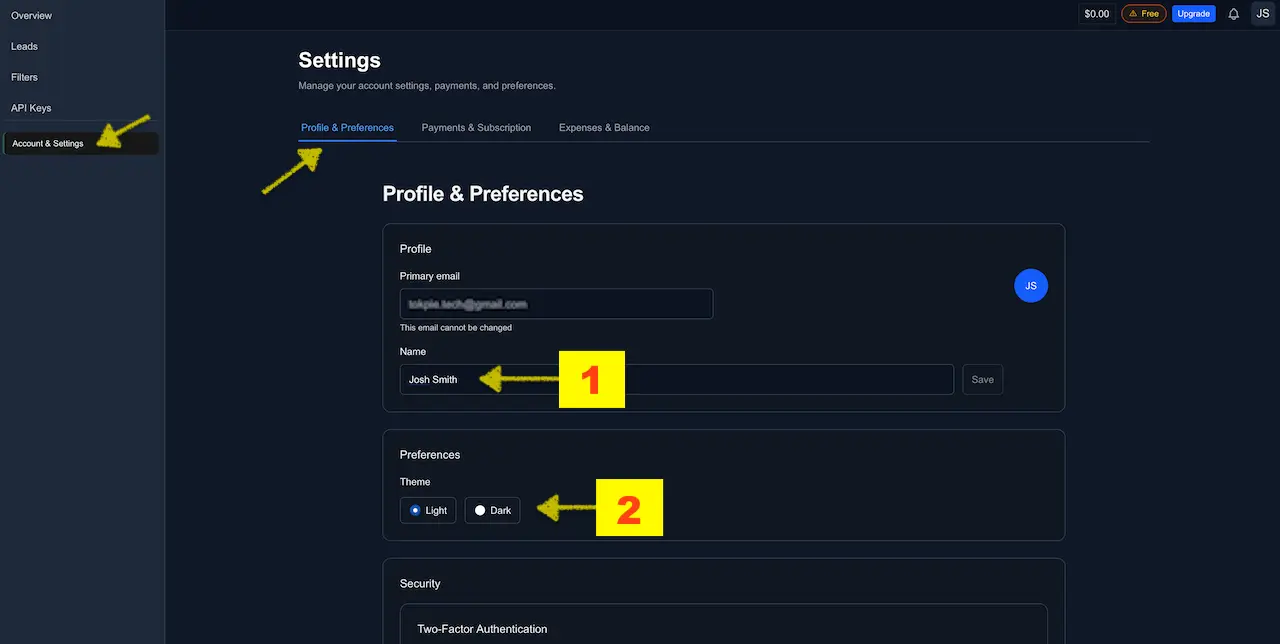 Settings — Profile & Preferences tab showing the Name field and Light/Dark theme options.