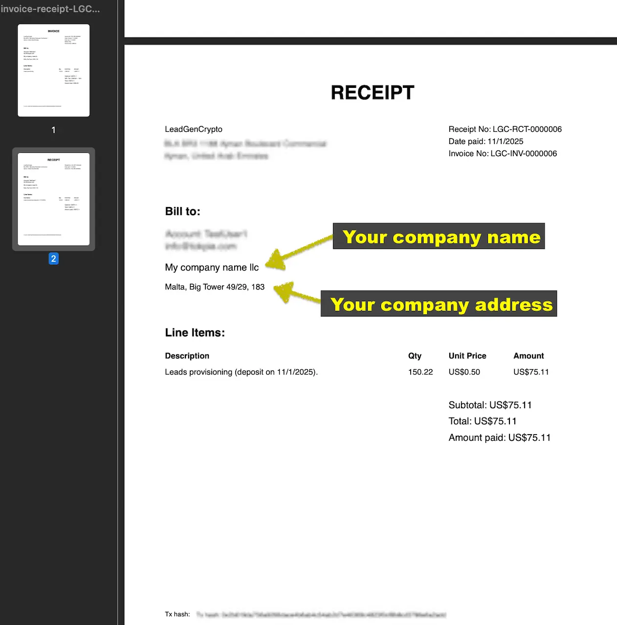 Receipt page showing Amount paid, Date paid, and the related Invoice number; company name and address are highlighted.