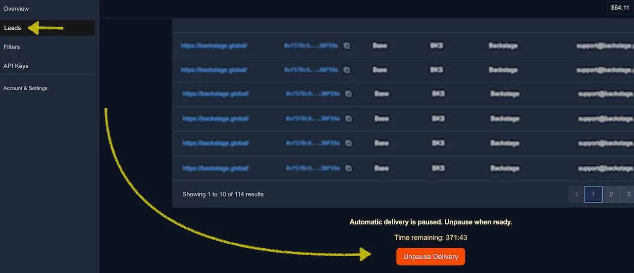 Leads page footer showing Automatic delivery is paused and the orange Unpause Delivery button.