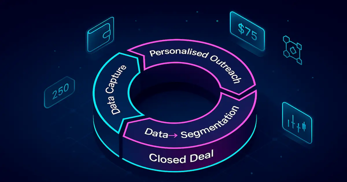 Diagram of the ideal customer profile flywheel for crypto service providers, progressing from data capture to closed deal.