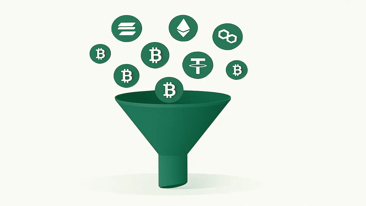 Graphic displaying a funnel capturing numerous crypto leads, symbolizing a scalable approach to lead generation.