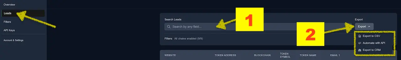 Leads page header with the Search bar (1) and the Export menu (2) expanded to show options.