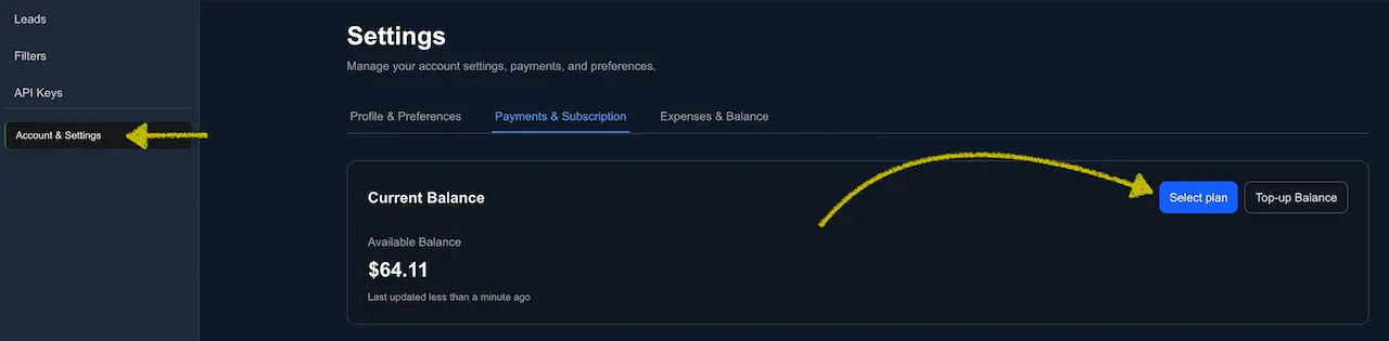 Payments & Subscription page showing the Current Balance card with a blue Select plan button.