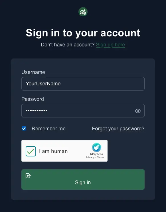 LeadGenCrypto sign‑in screen with Username and Password fields, “Remember me” checkbox, “Forgot your password?” link, hCaptcha verification, and a green Sign in button.