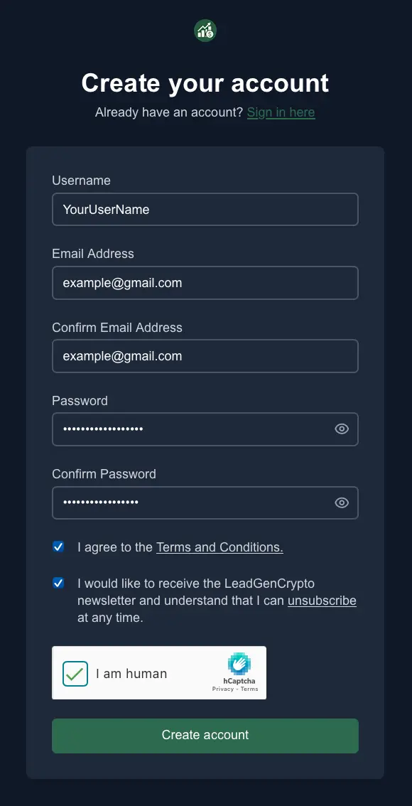 LeadGenCrypto sign‑up form showing fields for Username, Email and confirmation, Password and confirmation, consent checkboxes, hCaptcha “I am human,” and a green Create account button.