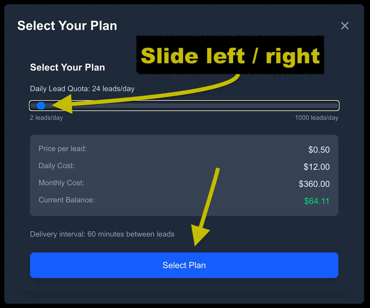 Plan selector modal with the Daily Lead Quota slider and a prominent Select Plan button.