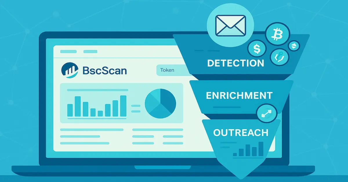 Conceptual graphic of BscScan email extraction feeding a three‑stage B2B sales funnel with crypto tokens.