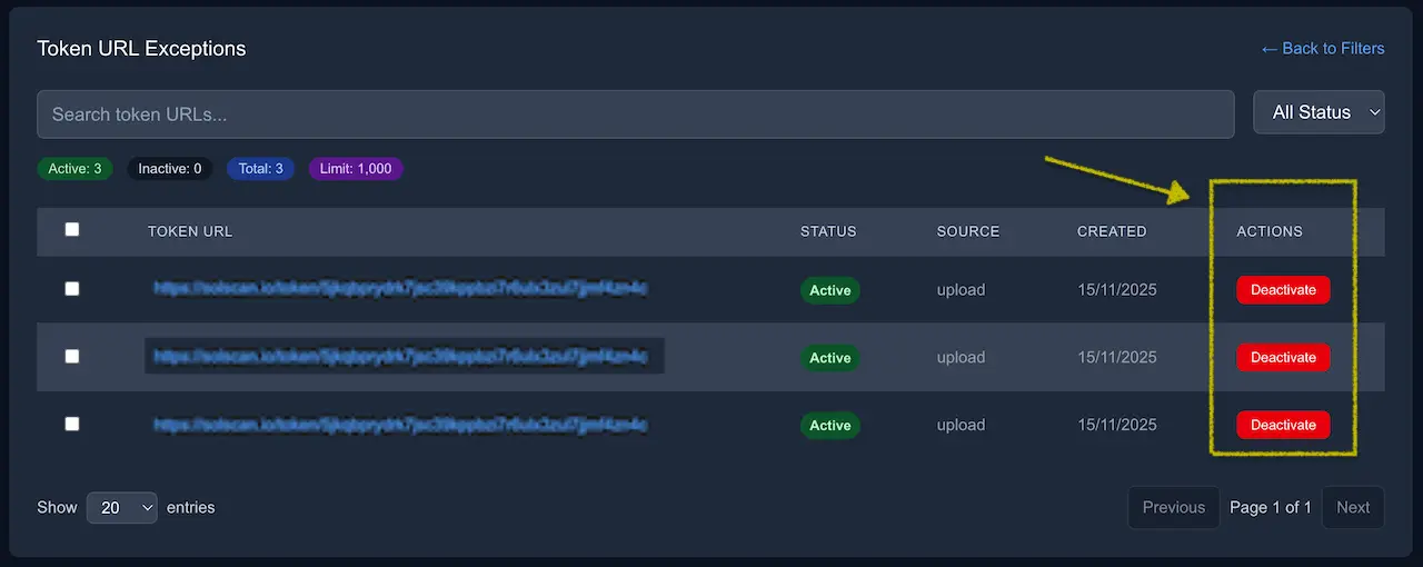 Token URL Exceptions list with Active badges and a Deactivate button in the Actions column.