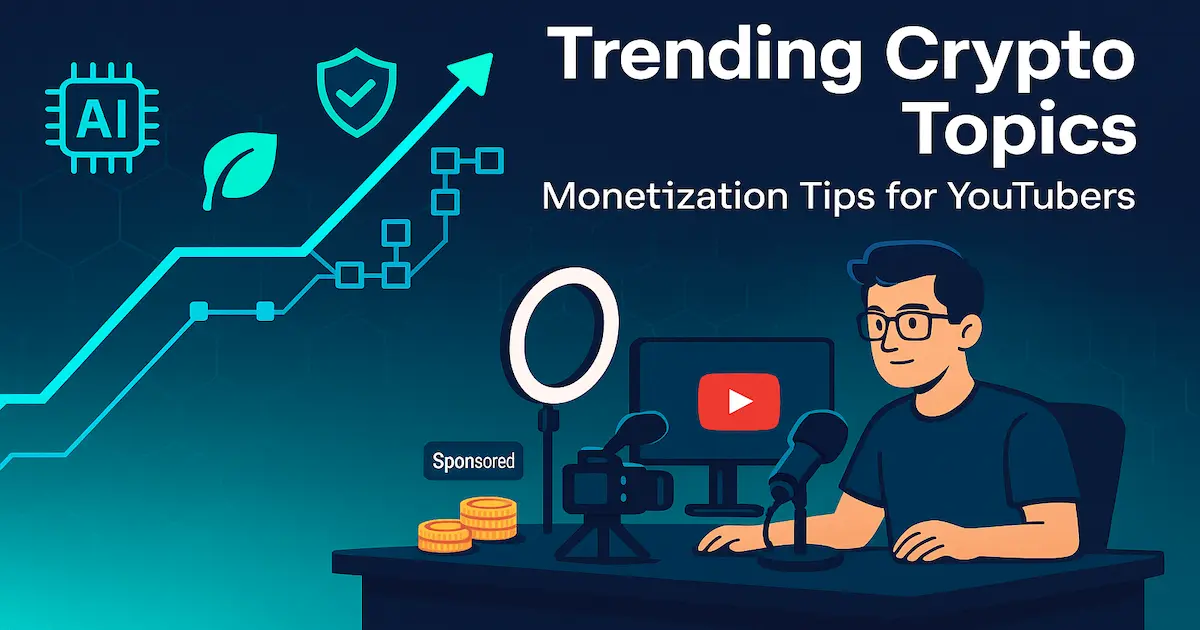 Crypto YouTuber reviews trending crypto topics on rising chart with blockchain icons, showing monetization opportunities